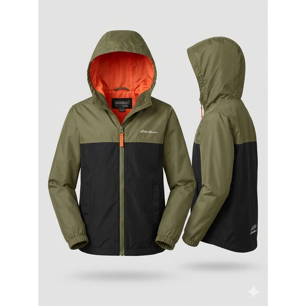 Eddie‎ Bauer Kids Colorblock Hooded Windbreaker Jacket Olive Black S 7/8